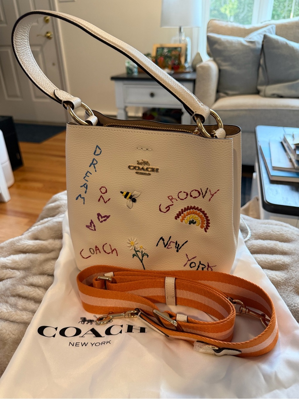 Coach Cream Embroidered Graffiti Leather Shoulder Bag with Orange Strap